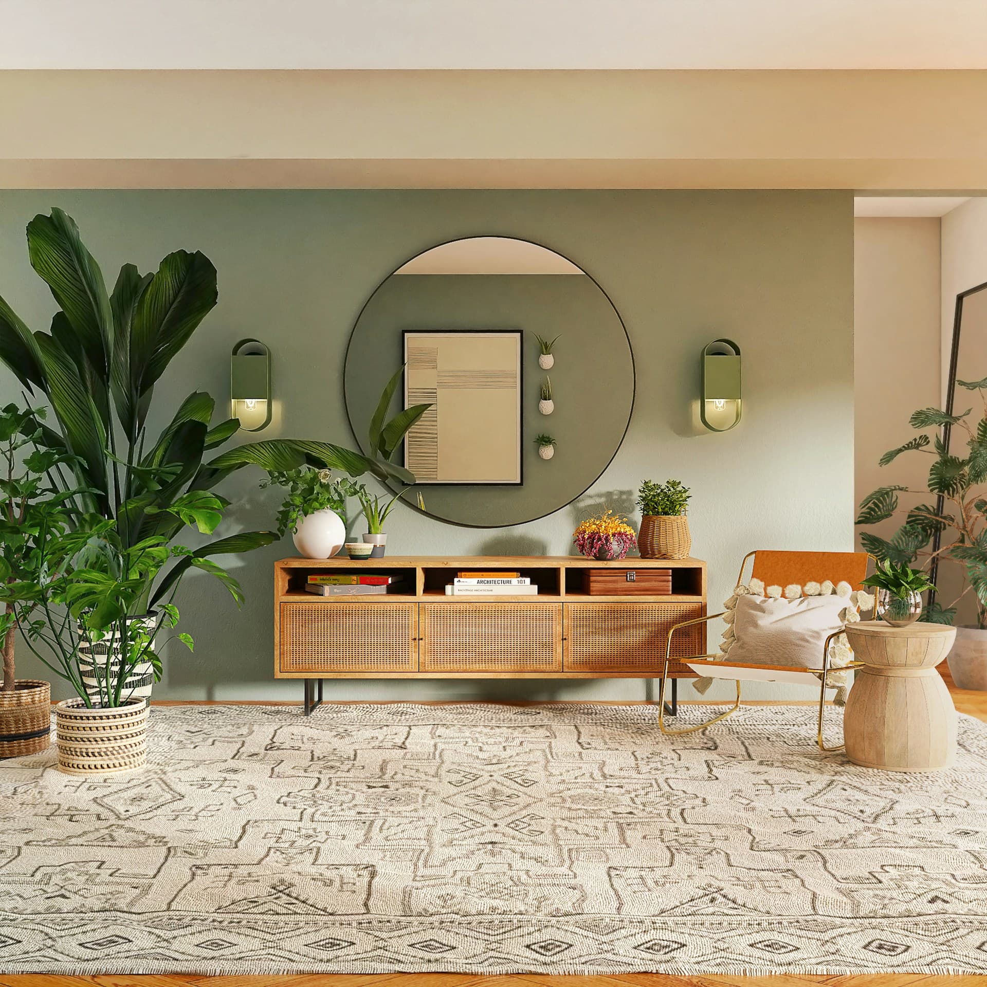Uma sala aconchegante com várias plantas adorando o cômodo.