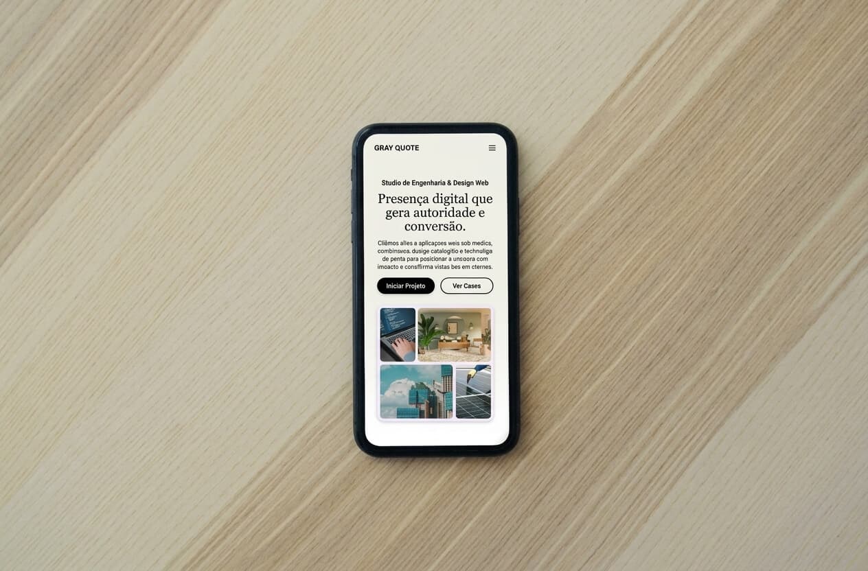 Celular exibindo o site da Gray Quote sobre uma mesa de madeira.